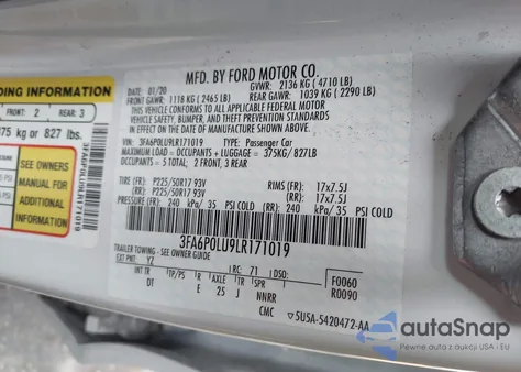 2020 Ford Fusion Hybrid Se z USA, uszkodzony, nr VIN 3FA6P0LU9LR171019